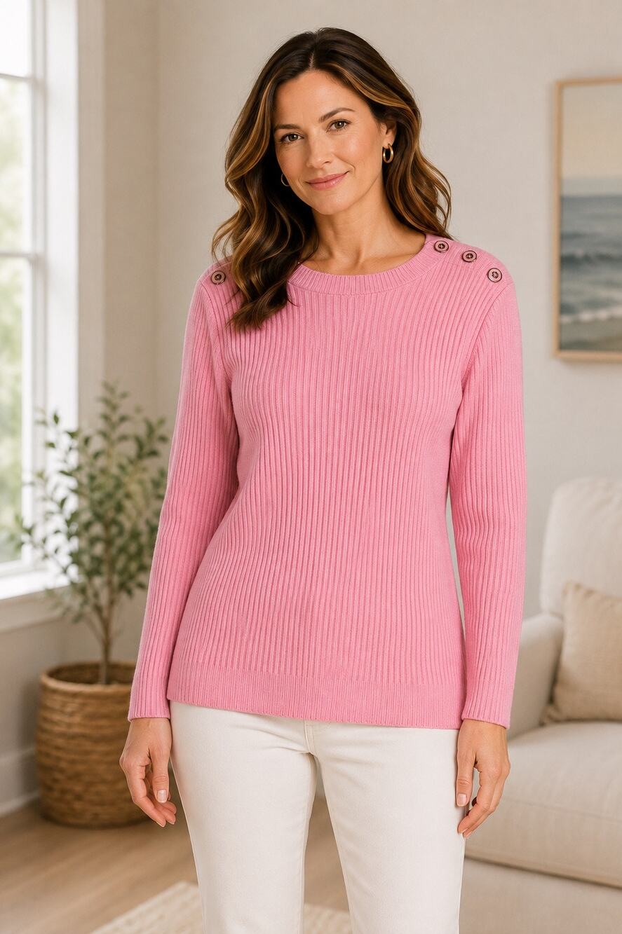 J McLaughlin Pink Rib Knit Sweater Large Button Shoulder Soft Preppy Classic